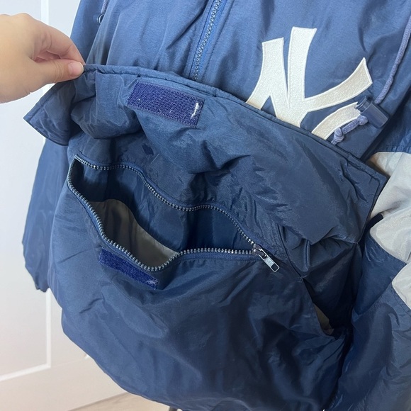 NY Yankees Pullover Jacket – Size L | Navy Blue Colorblock Hooded Windbreaker - Picture 6 of 9